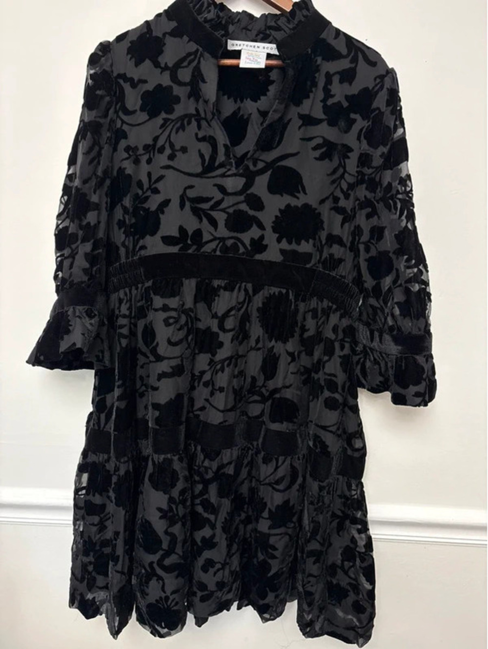 Gretchen Scott Black Floral Velvet Burnout Tiered Dress Size XL Bell Sleeve